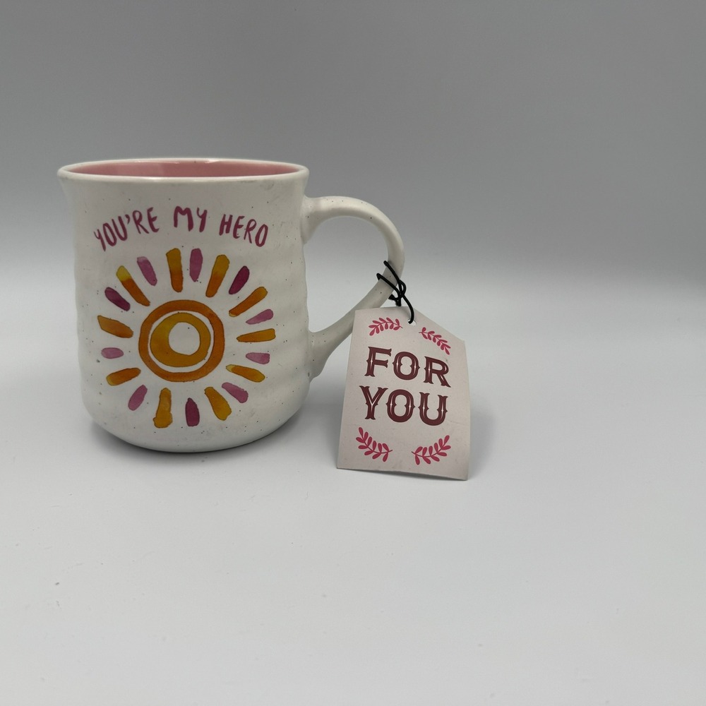 Sheffield Home You're My Hero Sun Coffee Mug White Pink Speckled Ceramic Cup NEW